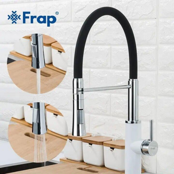 Змішувач для кухні Frap H52 F4452-8 з гнучким виливом, 2 режими, біло/чорний фото