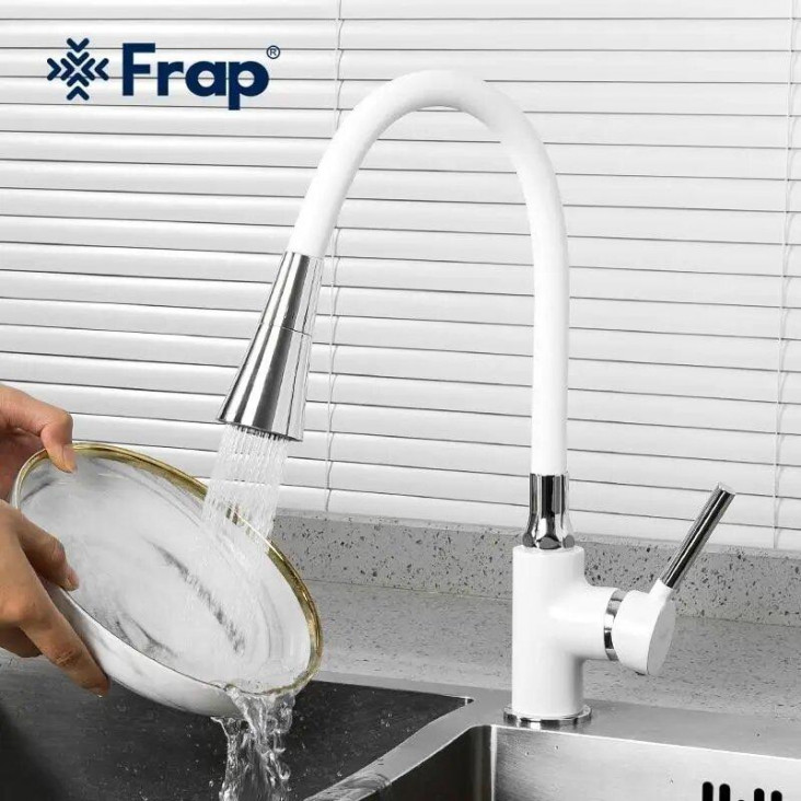 Змішувач для кухні Frap H44 F4044-8 з гнучким виливом, 2 режими, білий/хром фото