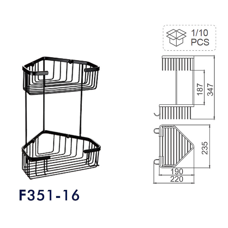 Полиця кутова FRAP F351-16, двоярусна з гачками, нержавіюча сталь, чорний фото